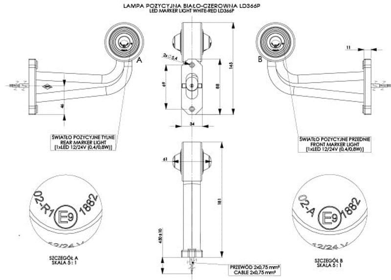 Lampa obrysowa prawa na wysięgniku łamanym długim Horpol LD366/P