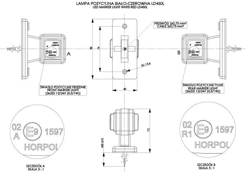 Lampa obrysowa lewa na wysięgniku prostym Horpol LD450/L