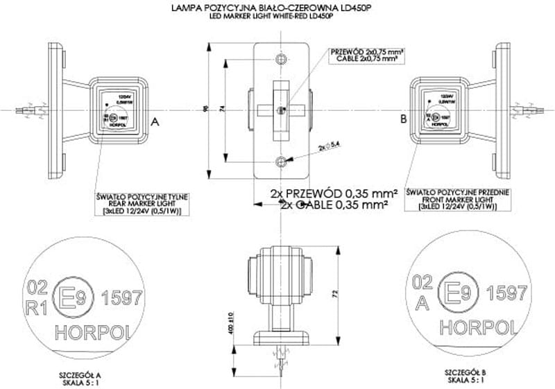 Lampa obrysowa prawa na wysięgniku prostym Horpol LD450/P