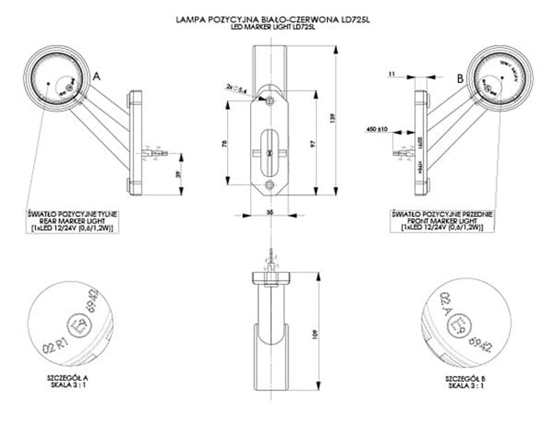 Lampa obrysowa lewa na wysięgniku krótkim ukośnym Horpol LD725/L