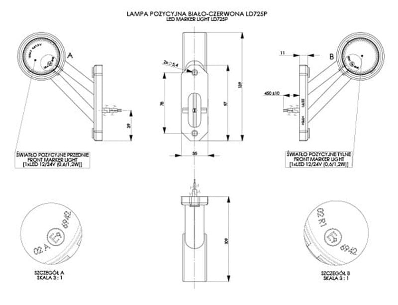 Lampa obrysowa prawa na wysięgniku krótkim ukośnym Horpol LD725/P