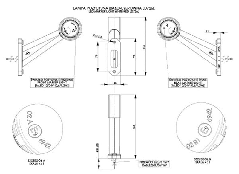 Lampa obrysowa lewa na wysięgniku długim ukośnym Horpol LD726/L