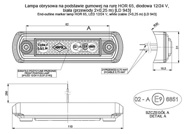 Lampa obrysowa LED na podstawie gumowej biała Horpol LD943