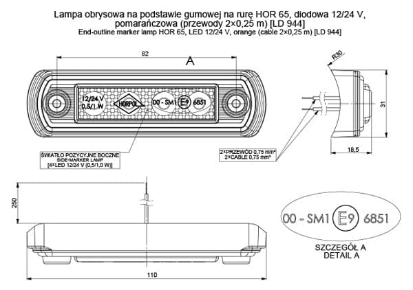 Lampa obrysowa LED na podstawie gumowej pomaranczowa Horpol LD944