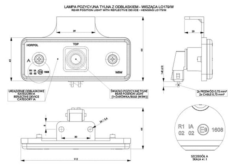 Lampa obrysowa czerwona prostokątna z wieszakiem Horpol LO179/W