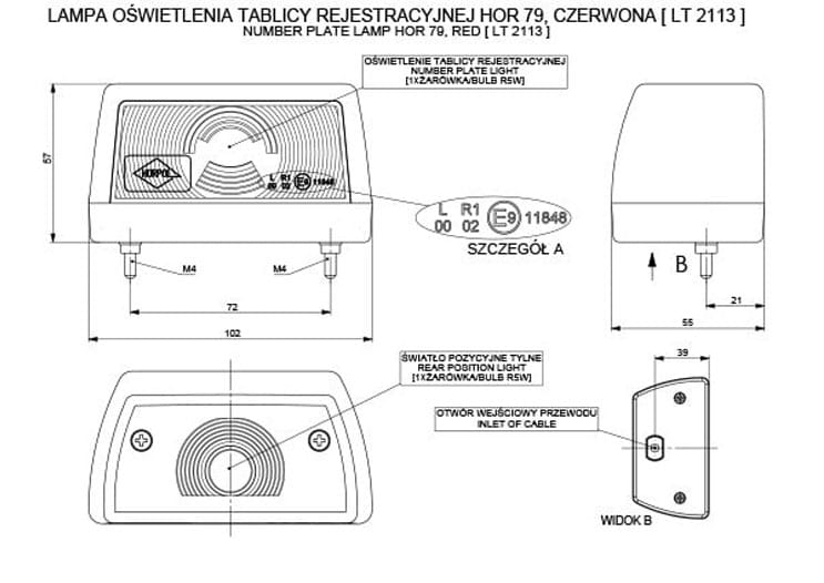 Lampa oświetlenia tablicy rejestracyjnej czerwona Horpol LT2113