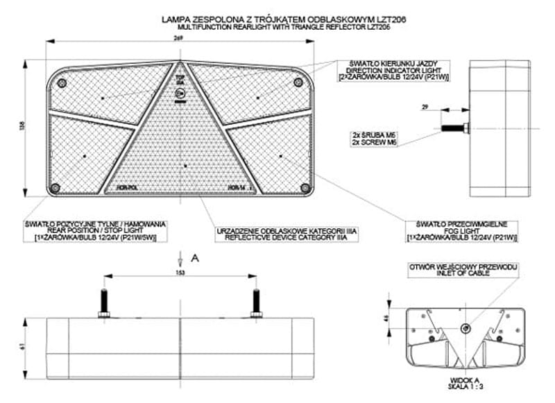 Lampa zespolona tylna lewa z trójkątem odblaskowym Horpol LZT206