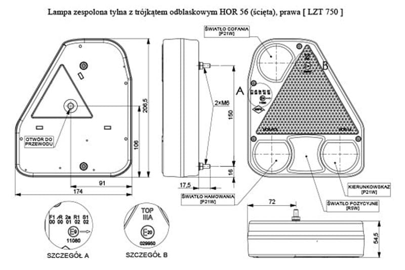 Lampa zespolona tylna prawa z trójkątem odblaskowym Horpol LZT750