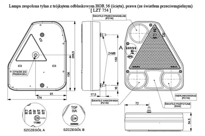 Lampa zespolona tylna narożna prawa żarówkowa Horpol LZT754