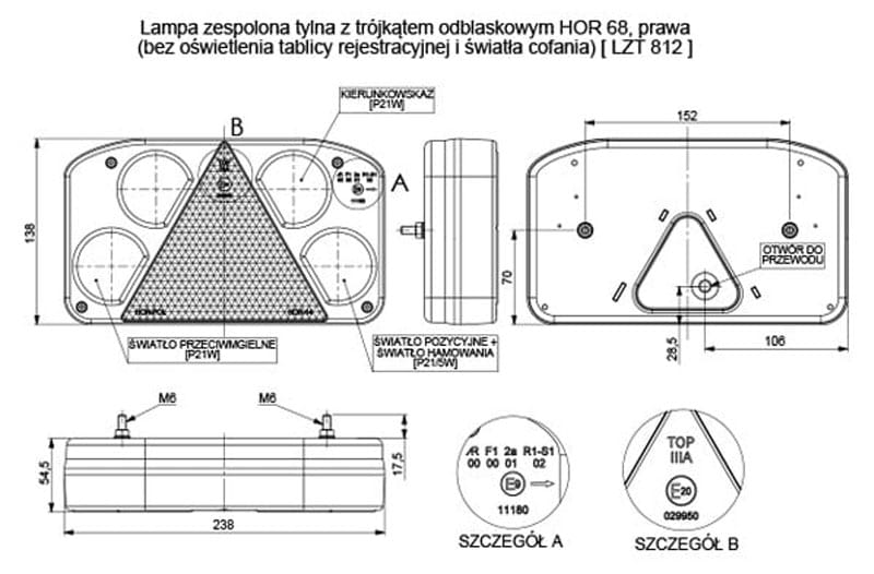 Lampa zespolona tylna prawa z trójkątem odblaskowy Horpol LZT812